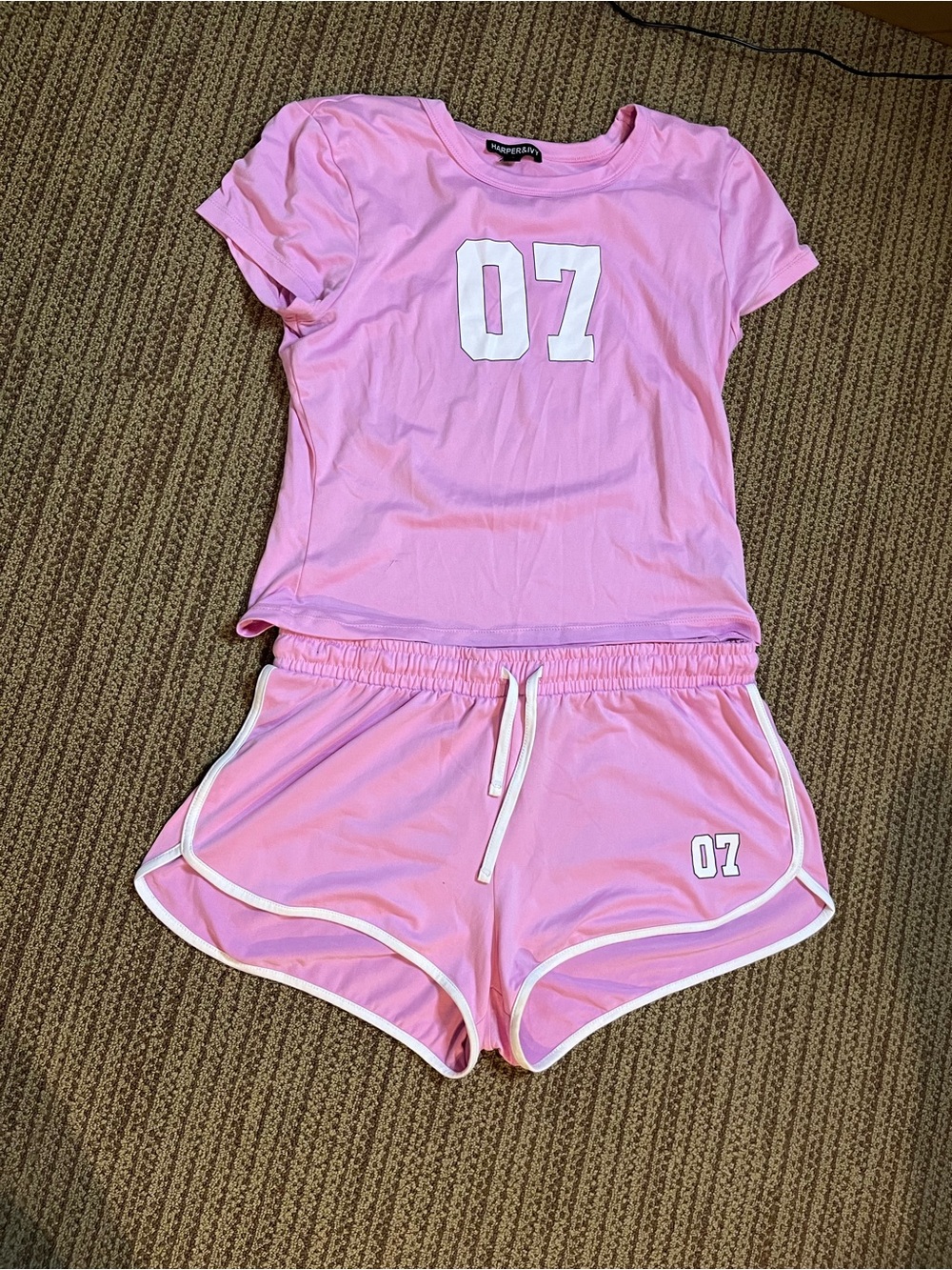 Harper Pink Athletic Shorts Set with White Trim and 07 Graphic